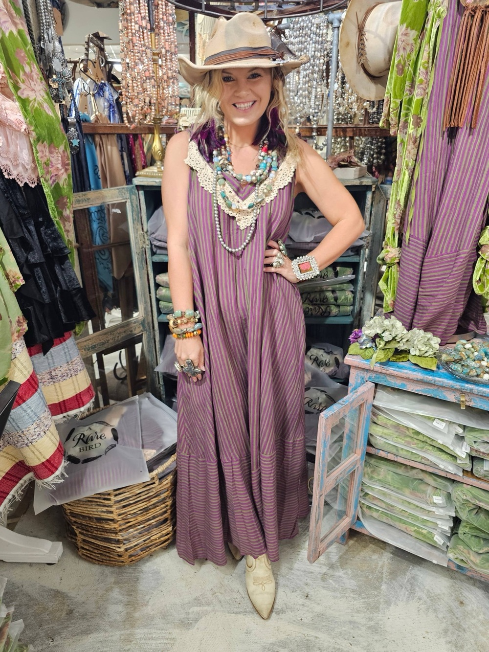 A Rare Bird Shop - Elegant Purple/Green Stripe Lace Dress